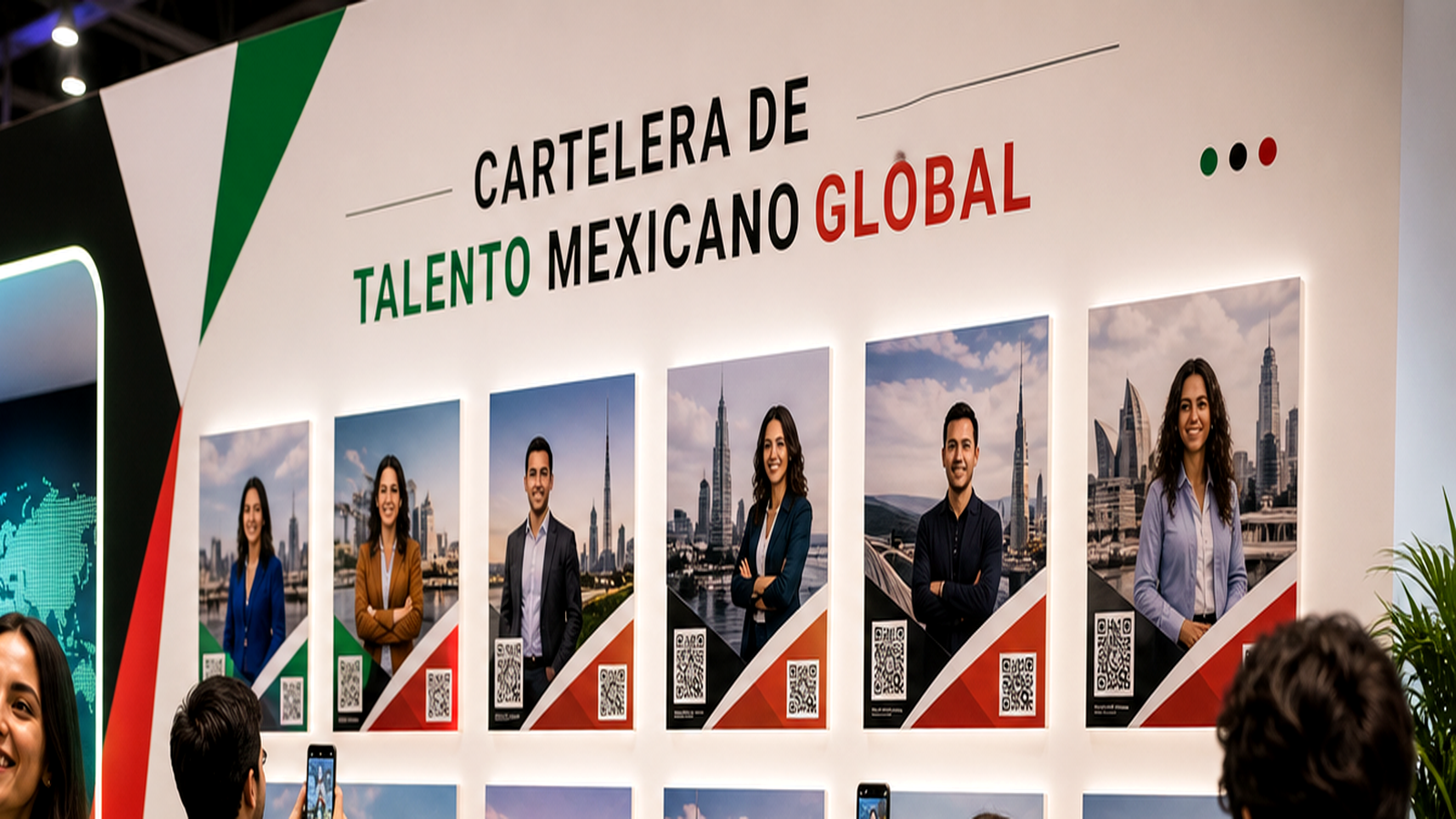Mockup del stand de Innovafest con carteles, pantalla de fichas y folletos de talento mexicano global